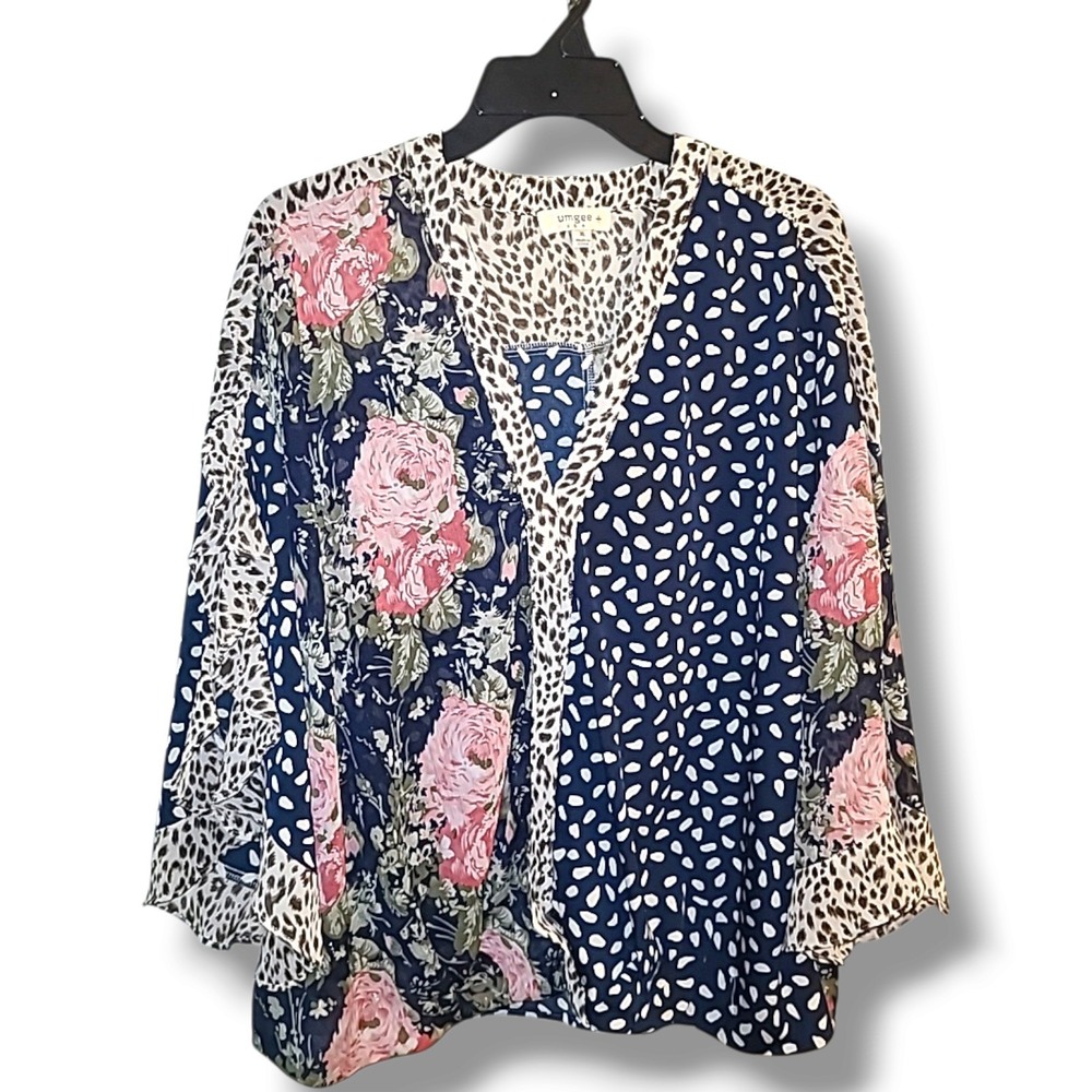Umgee Women's XL Sheer Patchwork Floral Leopard Ruffle Sleeve Boho Blouse Top